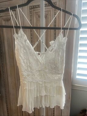 Free People White Lace Tiered Mini Dress with Crisscross Straps